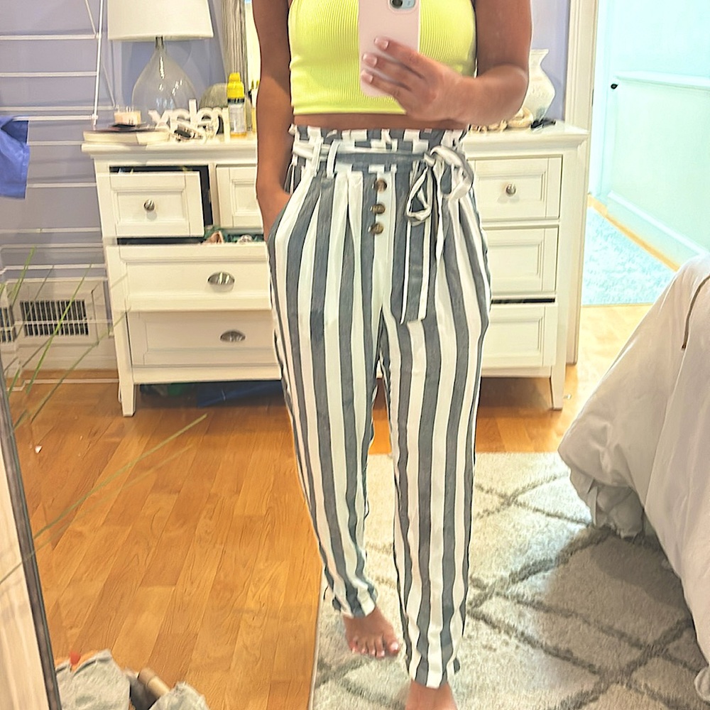 blueish/grey and white striped pants